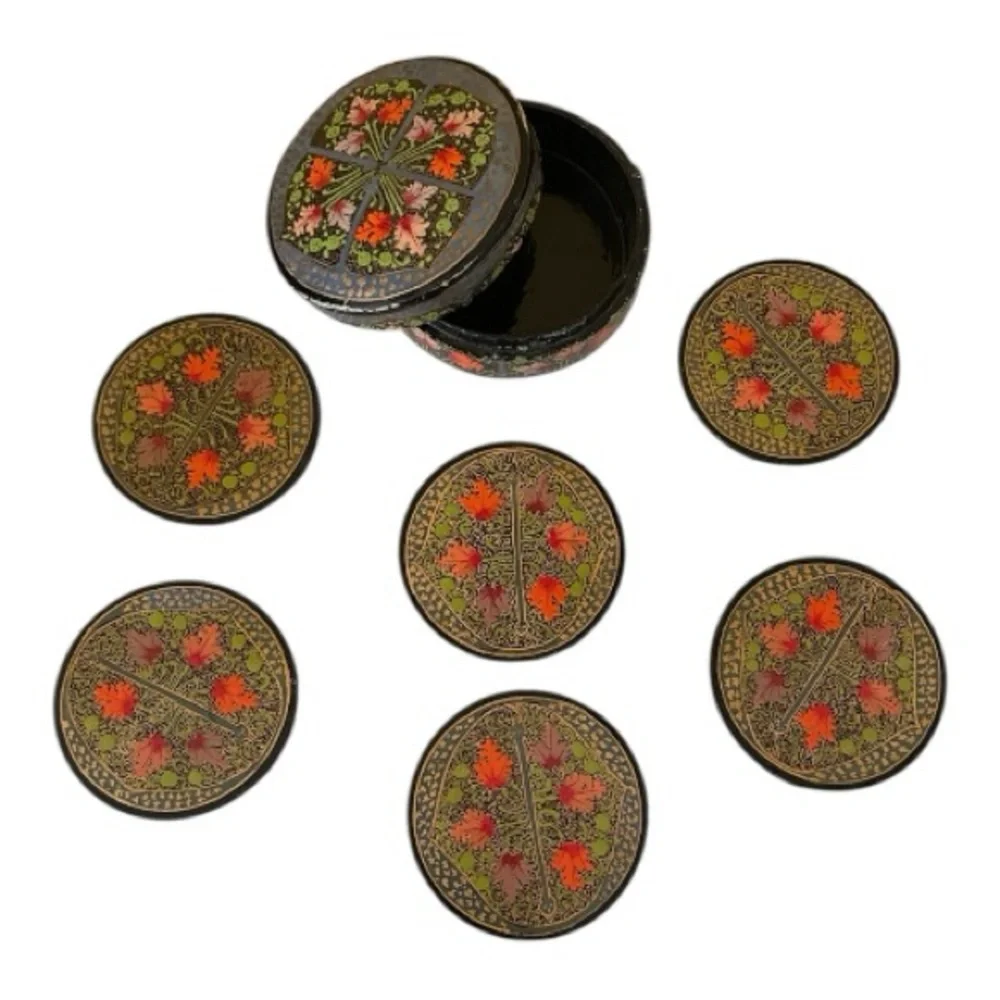 Vintage Floral Botanical Hand Painted Papier-Mache Coaster Set In A Matching Box